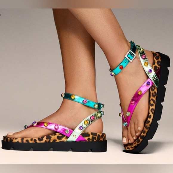 Betsey Johnson Shoes - Betsey Johnson Thong Sandals 8 Pink Green Studs Conley Metallic Strappy New $130